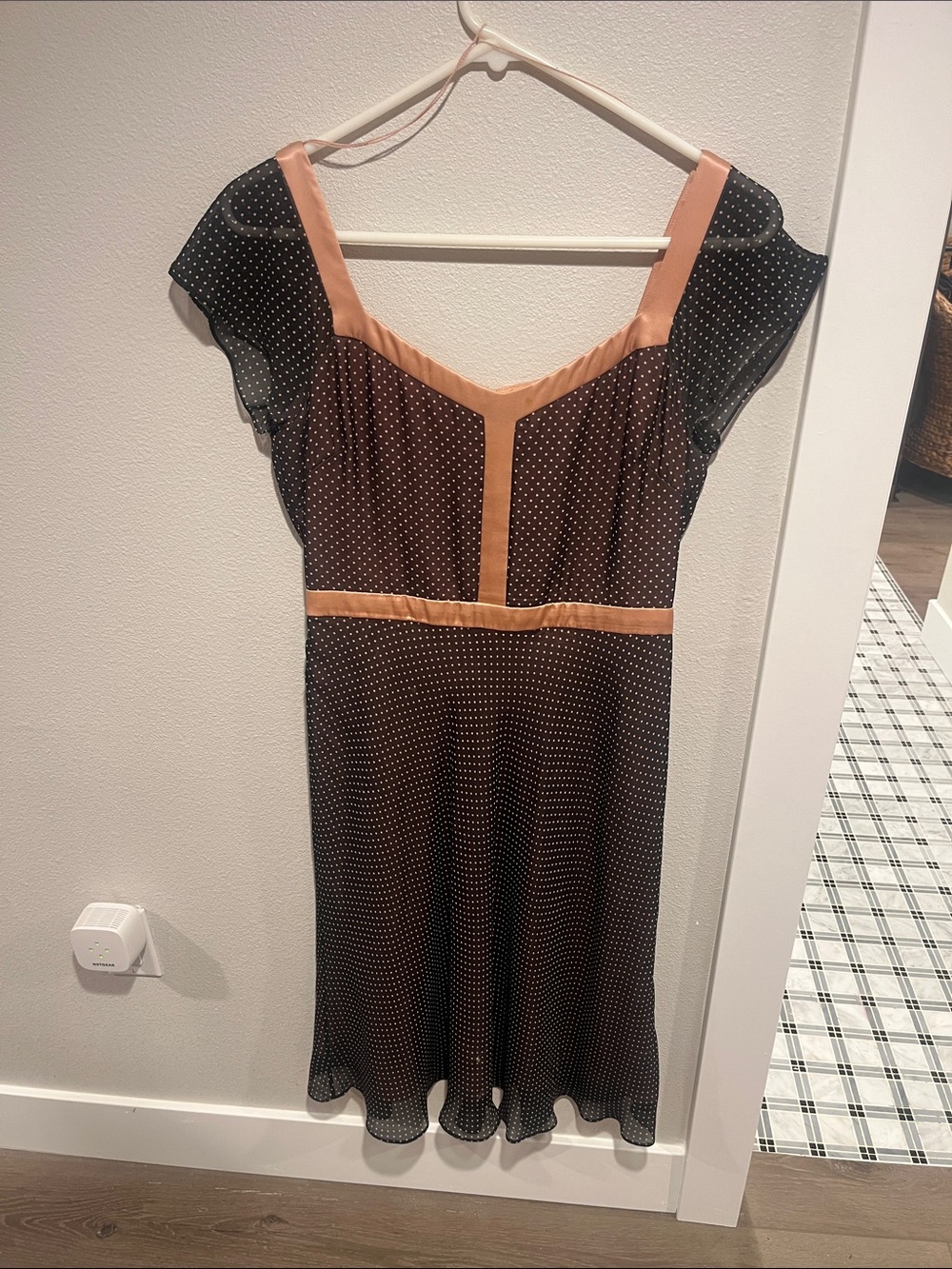 Black Polka Dot Midi Dress with Peach Trim